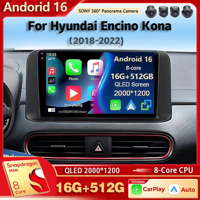 Radio Multimedia para Auto con Android 16 y Qualcomm para Hyundai Encino Kona 2018 2019-2022, Carplay, Estéreo para Auto, wifi+4G, Voz Ai