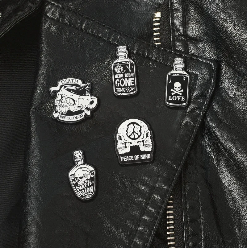 Potions Pines Lapel Badges Cool Gothic Jewelry Gift for Friends Punk Skeleton Enamel  Brooch Custom Black White Skull