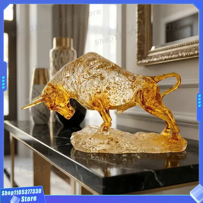 Modern Amber Resin Cow Statue Lucky Desktop Ornament for Home Office Decor Commercial Opening Gift Treasure Figurine Art