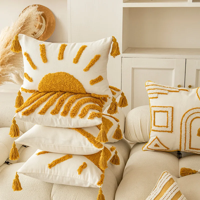 Boho Golden Yellow Tufted Cushion Cover Geometric Tufted Tassel Pillow Covers Decorative Modern Home Sofa Decorations