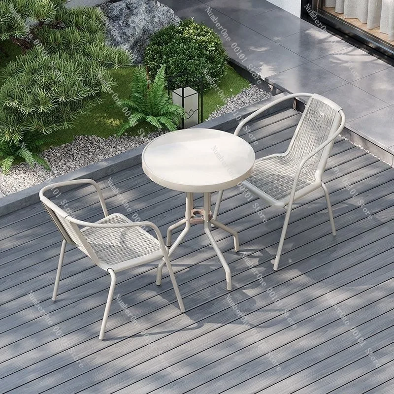 Outdoor Balcony Folding Table and 2 Chairs Set White Glass Top Patio Bistro Furniture Minimalist Leisure Tea Table Dining Chair