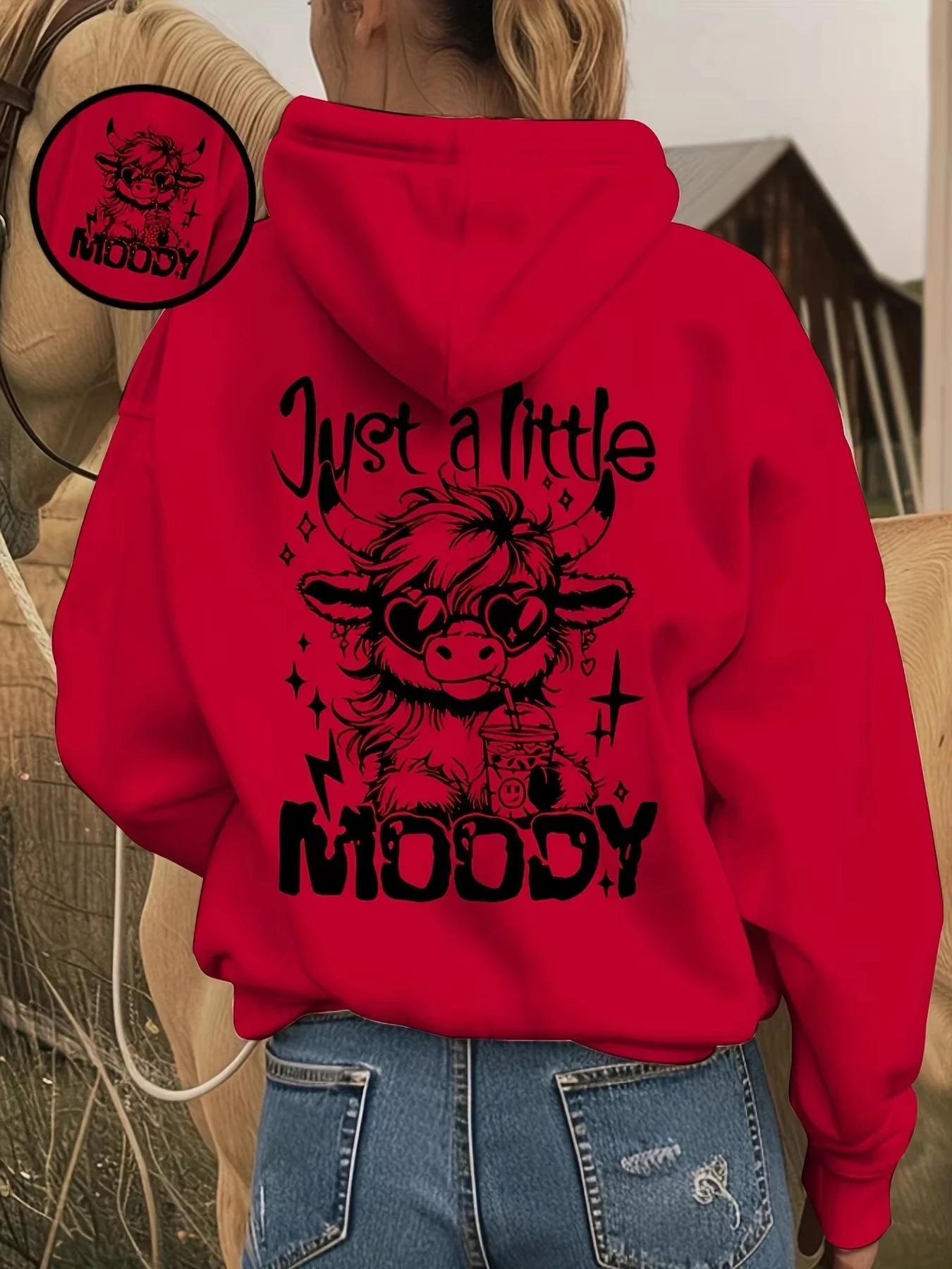 Moody Highland Cow Cartoon Graphic Hoodie Unisex Y2K Süßer Streetwear Lockerer Pullover Kapuzenpullover Hoodies Damen – Detail 9