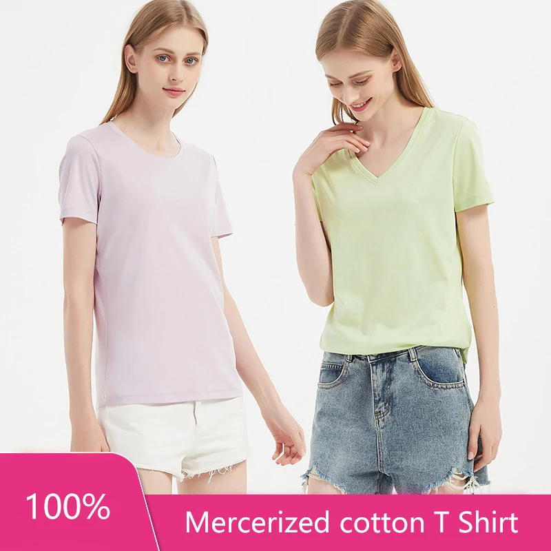 

2022 Soft Mercerized Cotton T-shirts Womens Loose Round V Neck Short Sleeve Woman T-shirts Solid Color Summer Tops High Quality