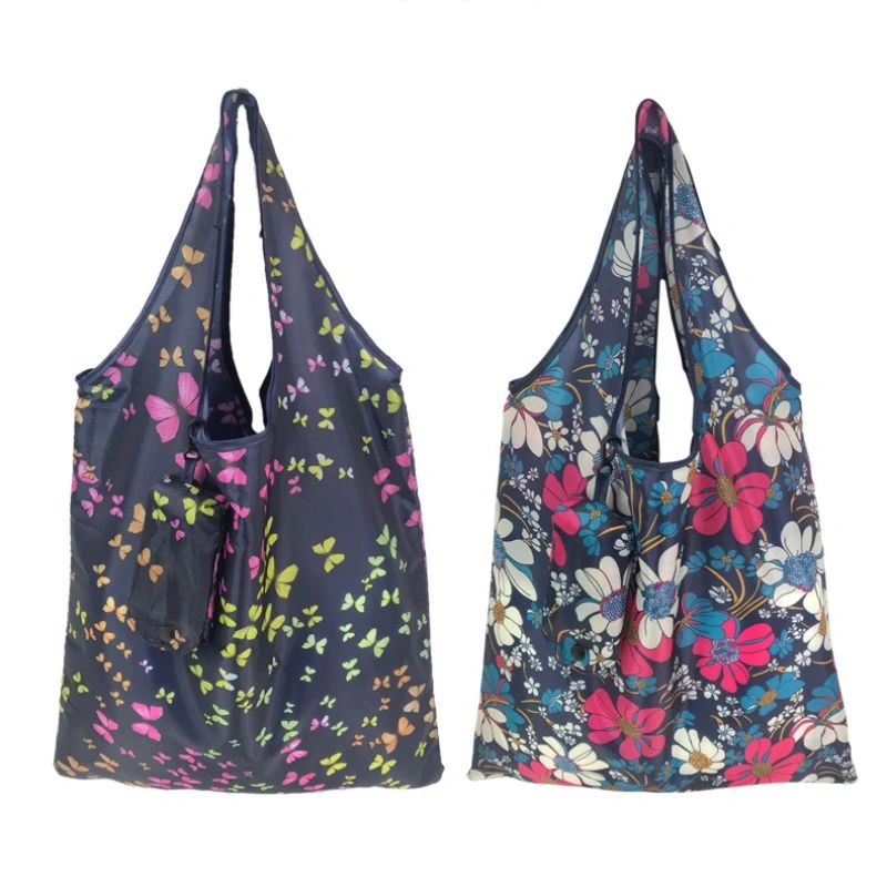 Large Capacity Foldable Tote Bag with Flower Print Bright Colors Hand in Hand Shopping Bag Reusable Eco-Friendly Promotional Bag