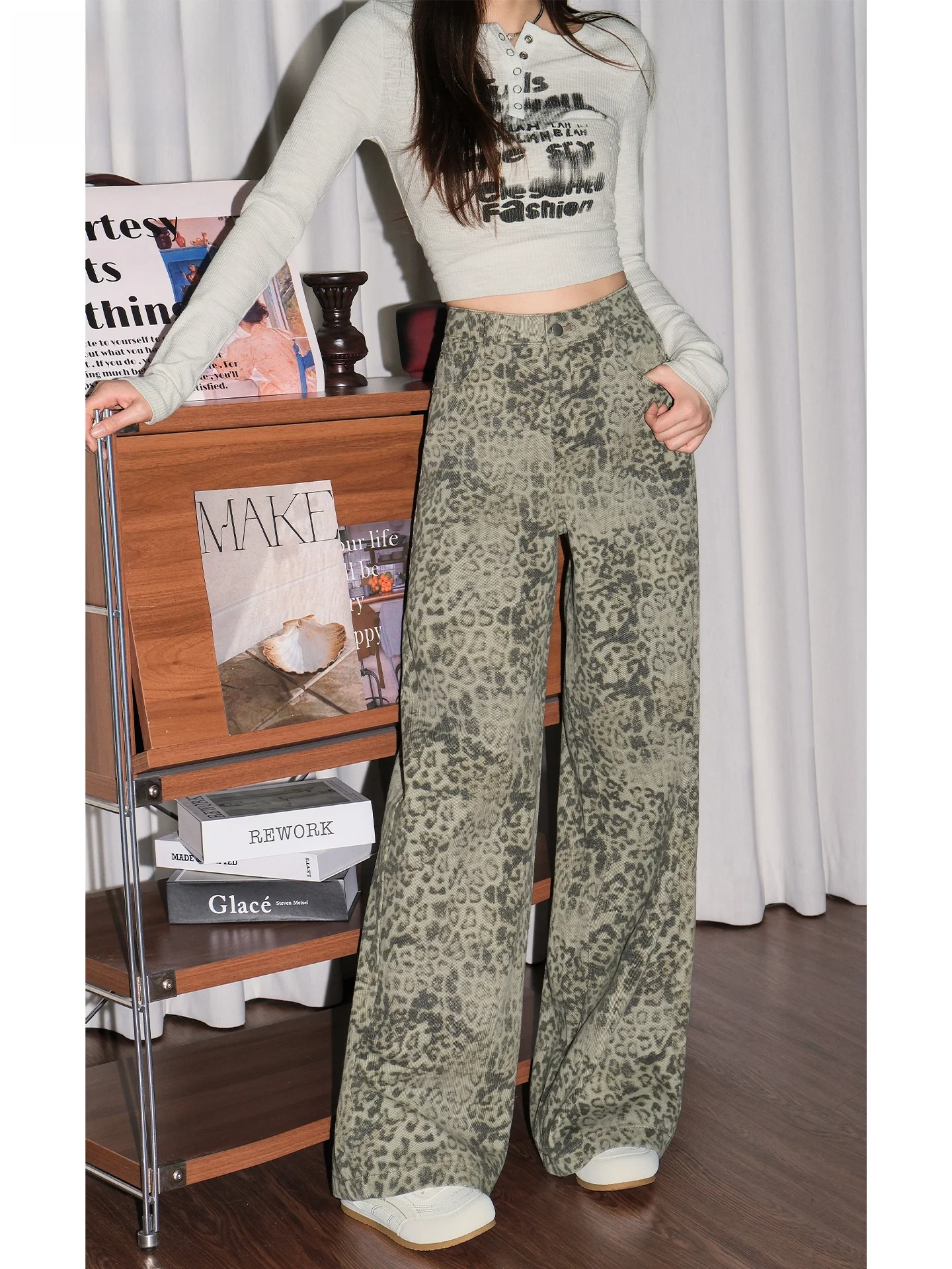 High Waist Wide Leg American Style Denim Jeans Women's Loose Fitting Floor Length Leopard Print Casual Spring Summer Jeans