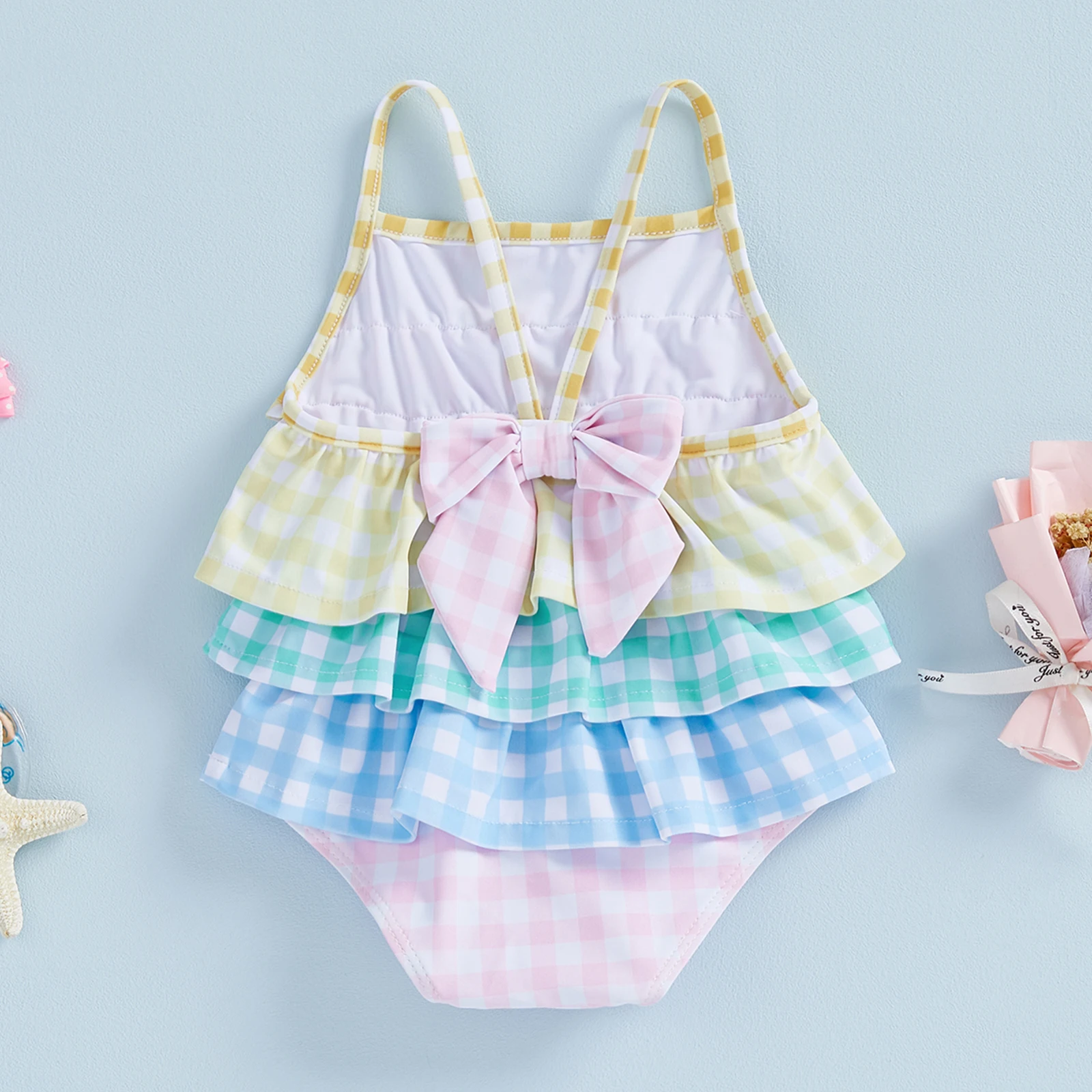 Летний комбинезон на бретельках для маленьких девочек, купальник без рукавов, многоуровневый красочный полосатый/клетчатый купальник