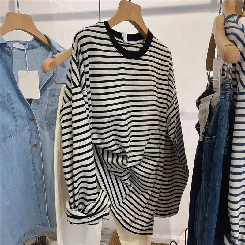 

Свободная женская футболка с длинным рукавом в корейском стиле, полосатая базовая рубашка, винтажный омолаживающий топ для осени и зимы, модный верх