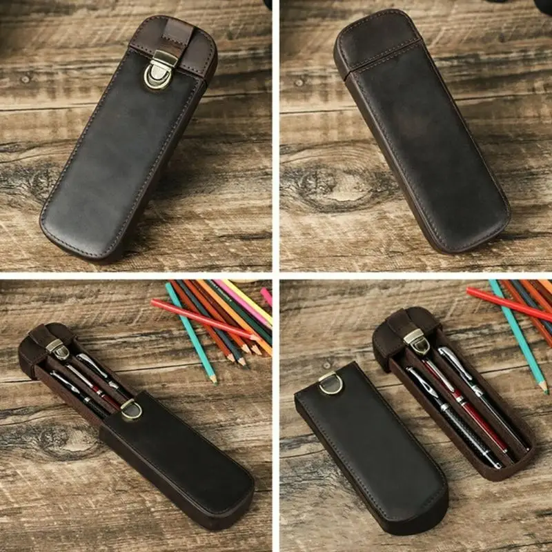 R53C Leather Pen Box Fountain Pen Case for 3 Writing Tool and Simple Office Carry Use