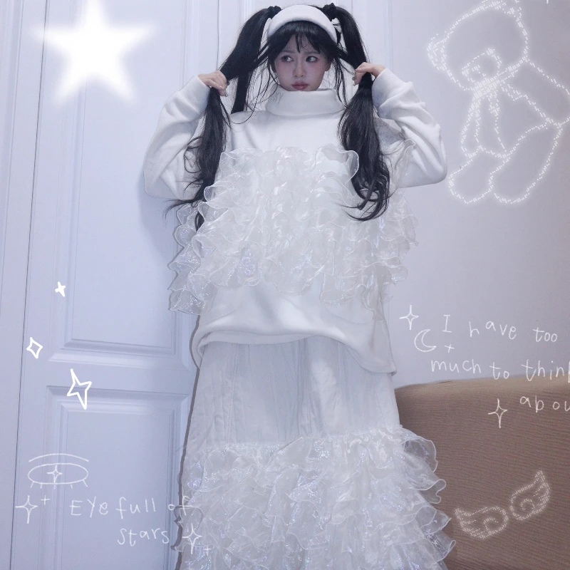 

Autumn Winter New White Granular Velvet Lace High Neck Women's Top Original Design Versatile Long Sleeve Pocket Sweatshirt Girl