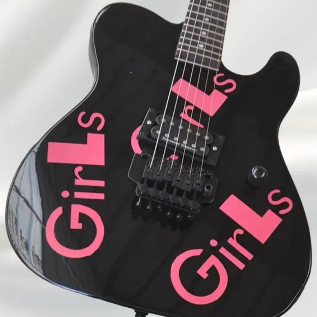 

Customized black 6-string electric guitar with a girl-themed sticker on the body and a tremolo bridge