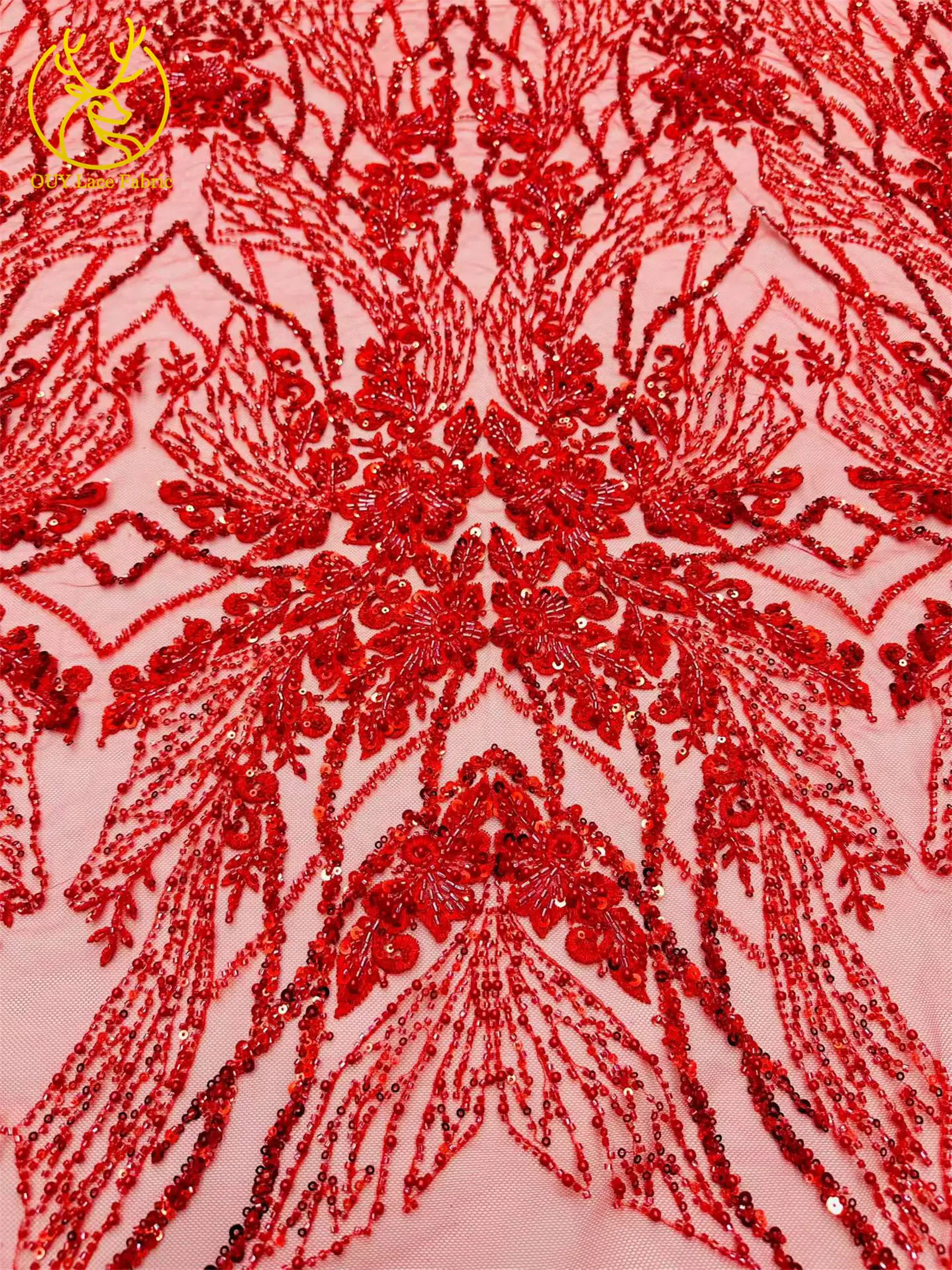 Hochwertiger roter afrikanischer handgefertigter bestickter Perlen-Spitzenstoff 2026 Nigerianische Pailletten-Spitze für Damen Hochzeit Nähen 5 Yards – Detail 17