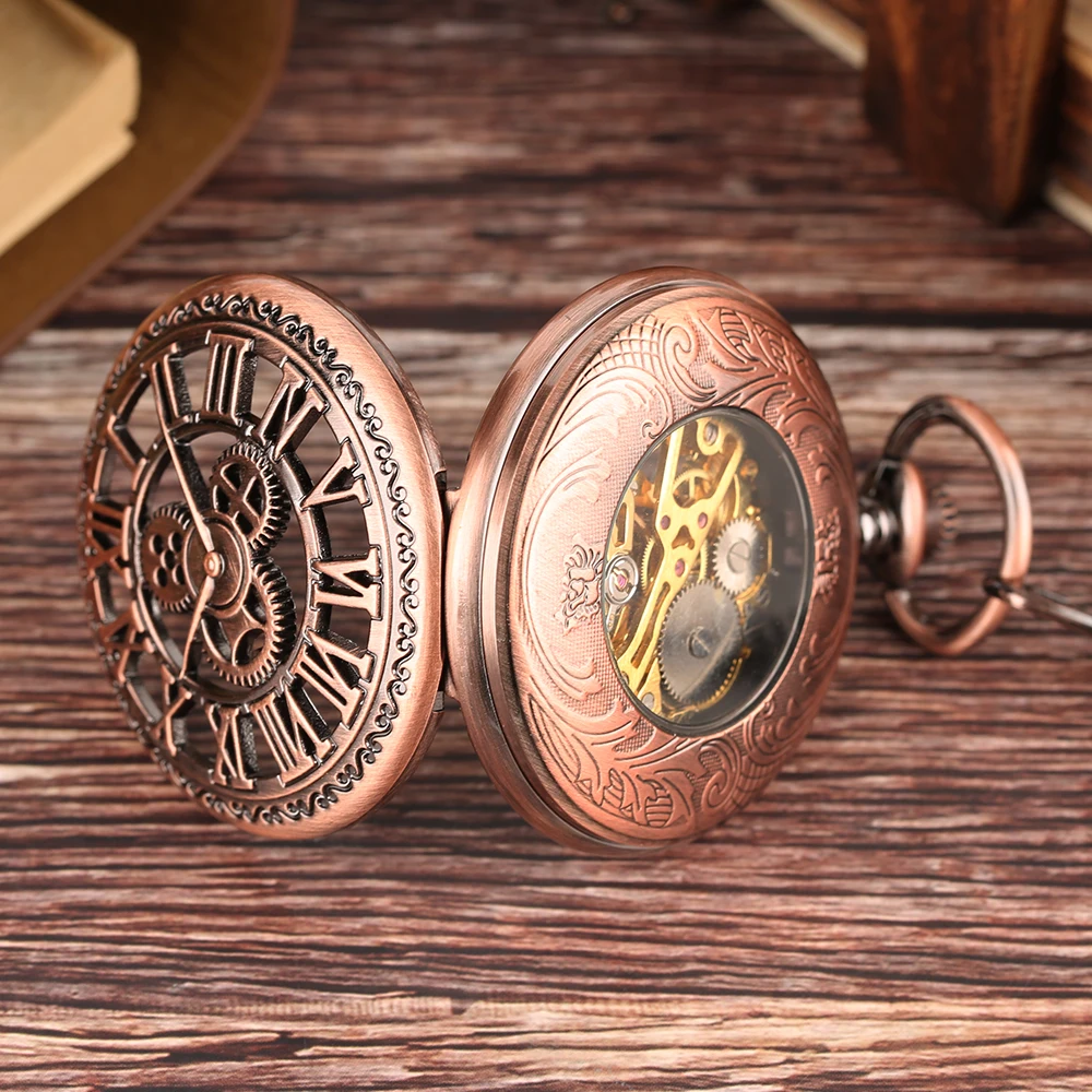 Red Copper Transparent Hollow Roman Numerals Manual Mechanical Pocket Watch Men with Pocket Chain Pendant Pocket Clock Male Gift