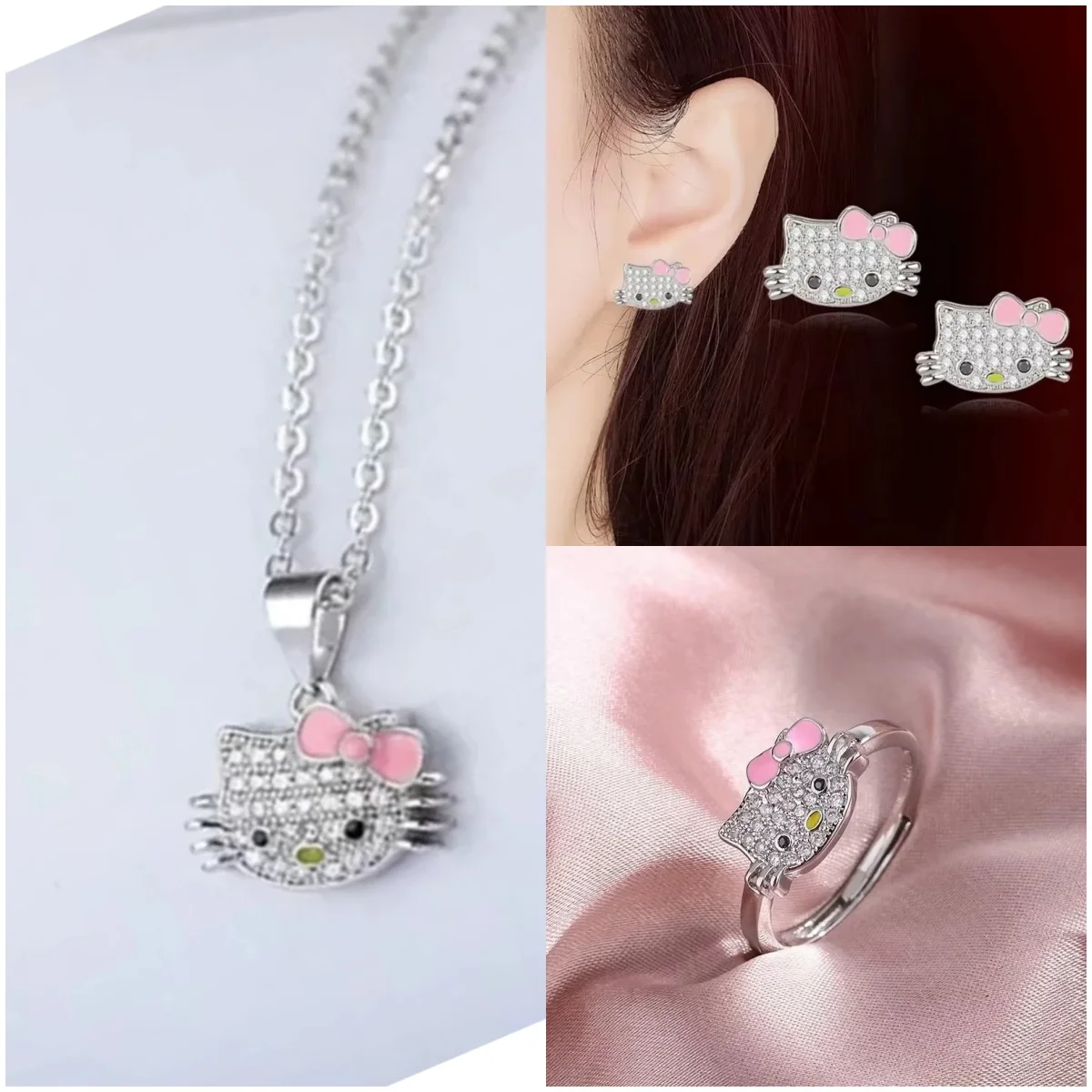 Sanrio Hello Kitty Jewelry Anime Figures Cartoon Alloyed Necklace Ring Stud Earrings Anime Merchandise Decoration Birthday Gifts