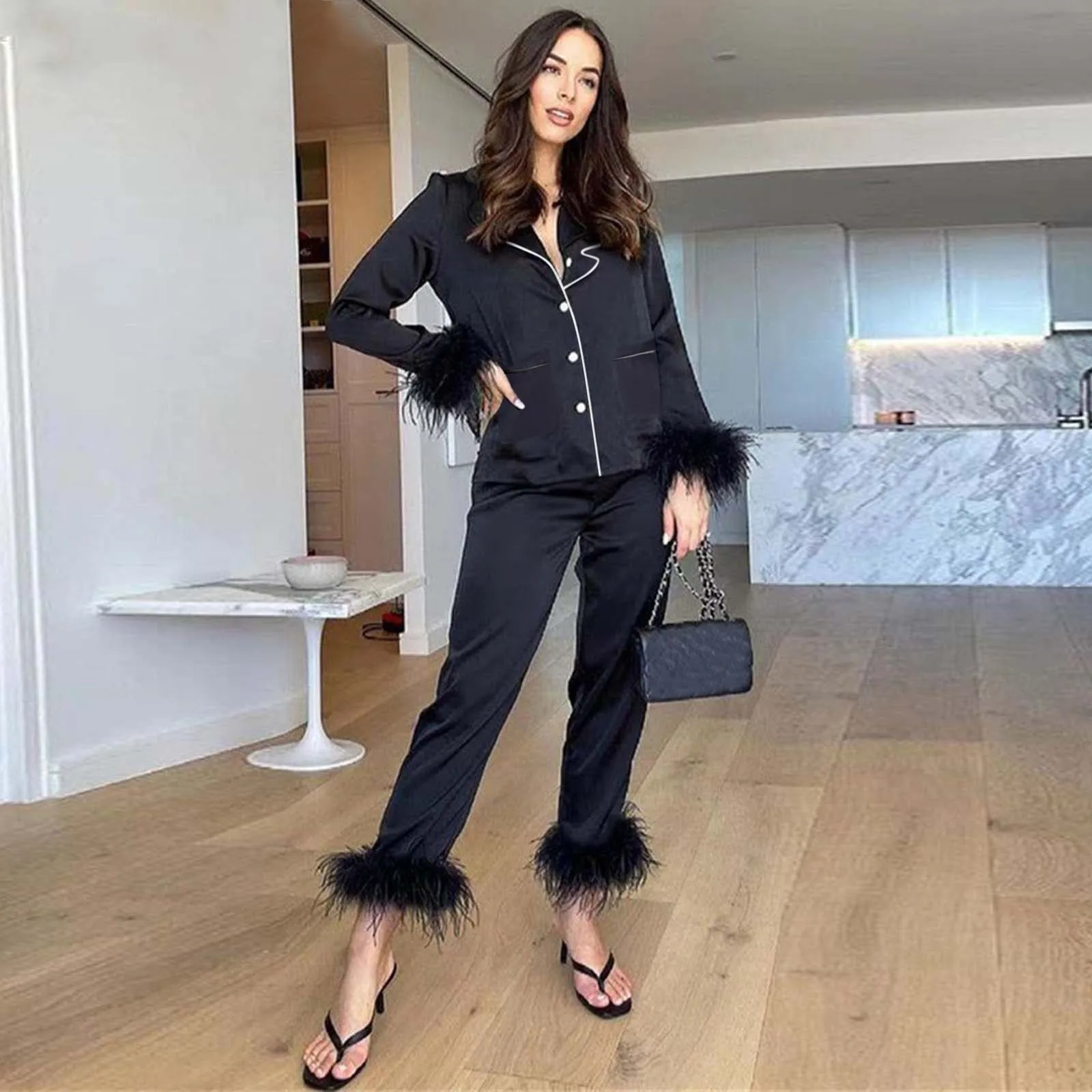 

Casual Pajamas Fashion Elegant Homewear Two Piece Pajamas Suits Chic Feather Long Sleeve Button Up Top Pants Sleepwear Set