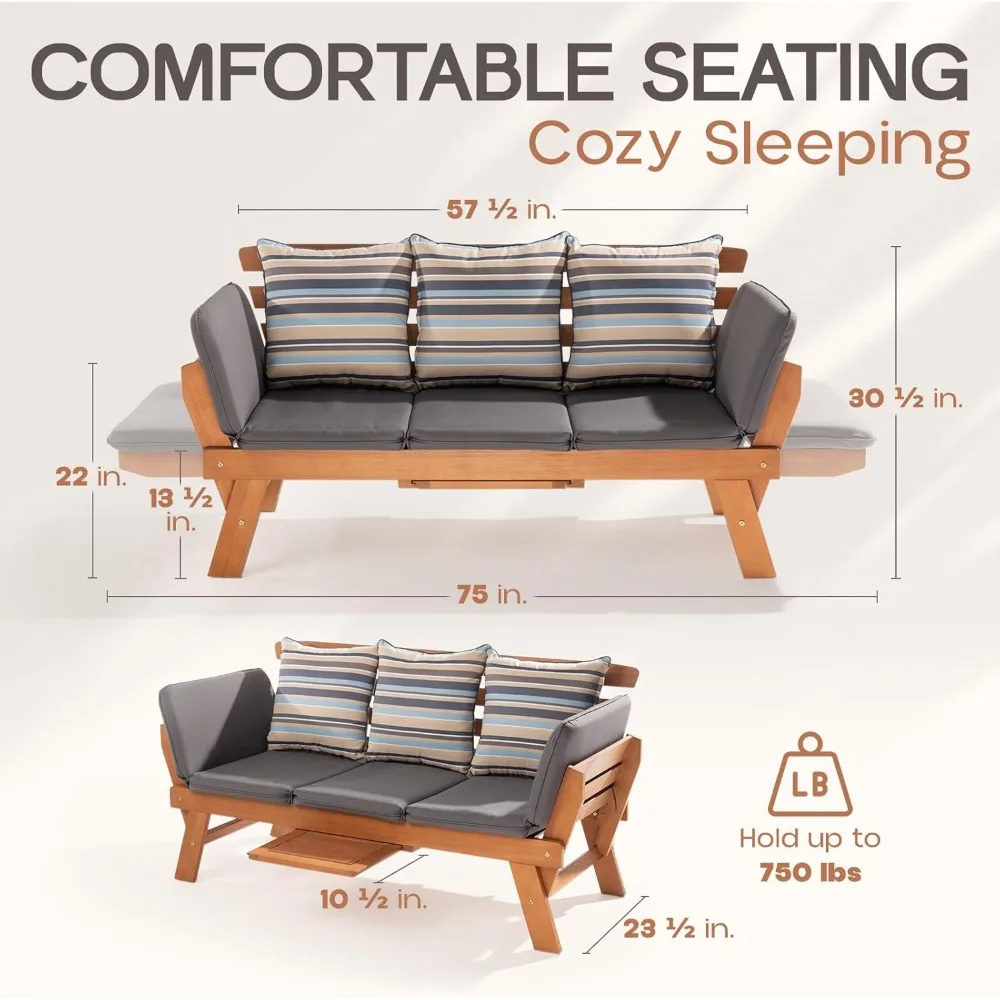 Sofá convertible para exteriores, sofá de patio de 750 libras de capacidad con reposabrazos plegable y bandeja de café, juego de muebles de madera con certificación FSC