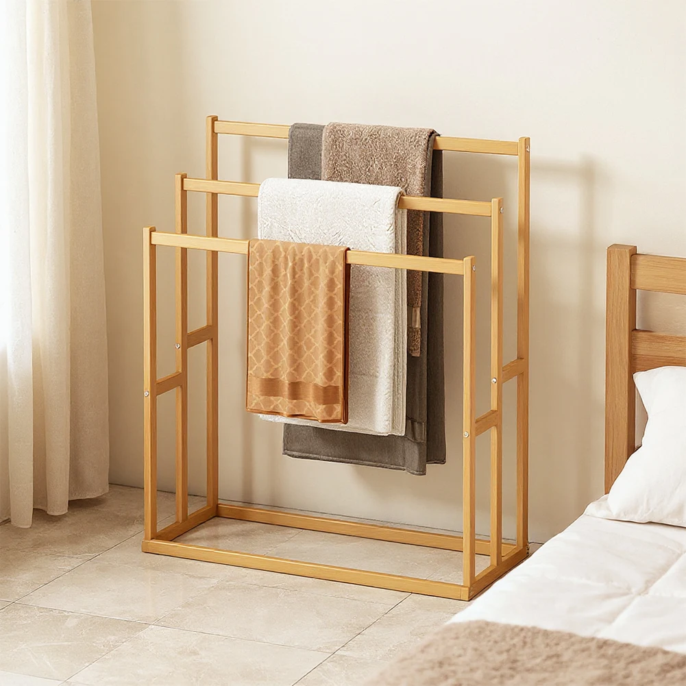 

Wood Vertical Towel Rack with 3 Hanging Crossbars 3-Tier Freestanding Towel Rack Floor Towel Rack for Living Room/Laundry
