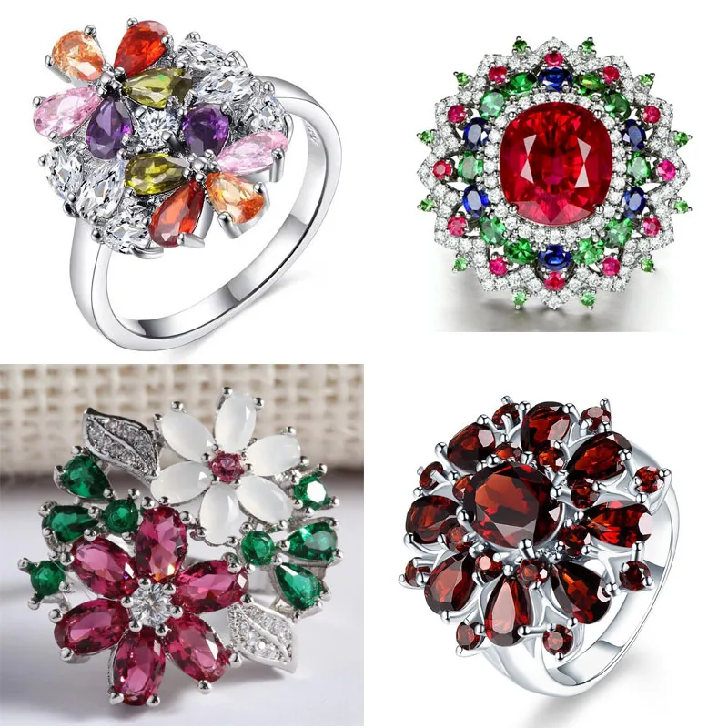 Flower Collection ! Exquisite Colorful Cubic Zircon Flower Engagement Ring For Women Party Jewelry Hand Accessories Size 6-10