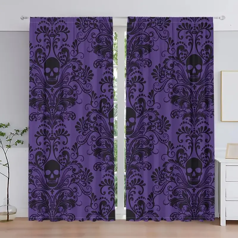 Purple-black Gothic retro skull and flower pattern printed curtains, window decorations, home decorations, room decorations