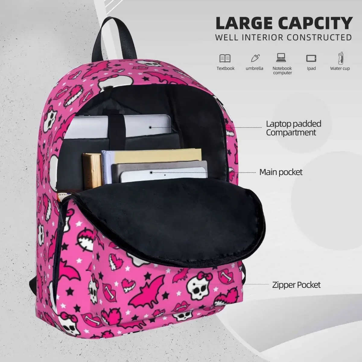 Mochila Monster High para meninos e meninas, mochila escolar, bolsa de ombro grande capacidade, estampa rosa bonita, mochila para estudantes, mochila de viagem