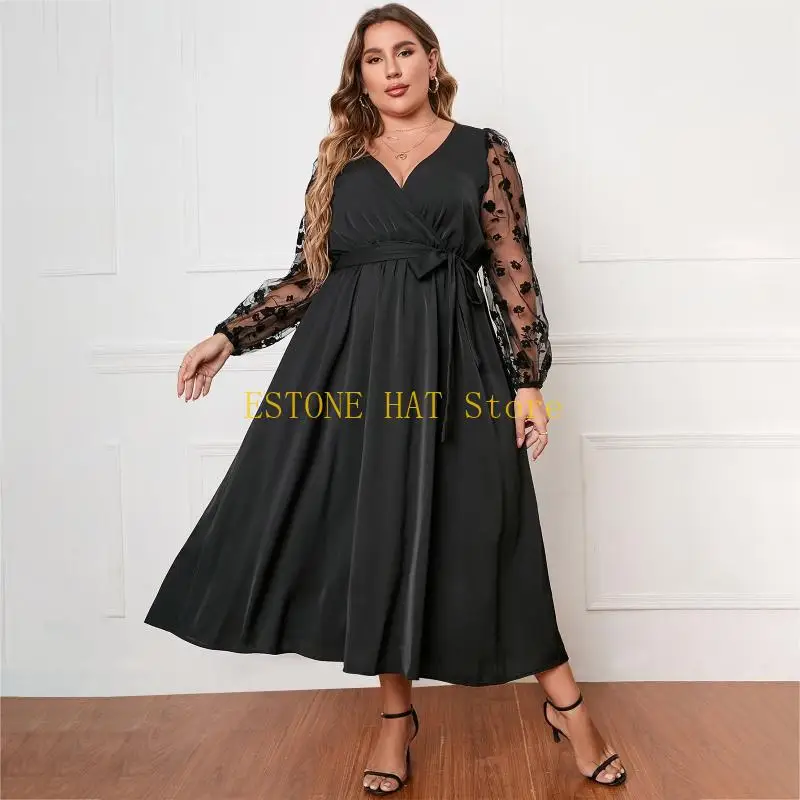 49MF Abito midi fluido da donna sexy in rete trasparente a maniche lunghe con scollo a V increspato e allacciatura laterale in