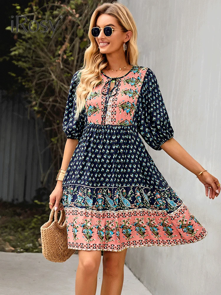 Elegant and Chic Fixed Pattern Design Short Lanten Sleeve Bohemian Viscose Dress for Women Summer Vacation Home Dresses Clothing