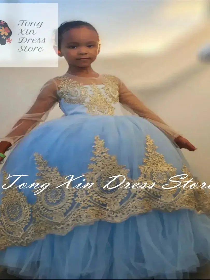 Sky Blue Pageant Flower Girls Dresses Gold Lace Appliques Long Sleeves Children Birthday Gowns Ball Gown Kids Ball Wedding Dress