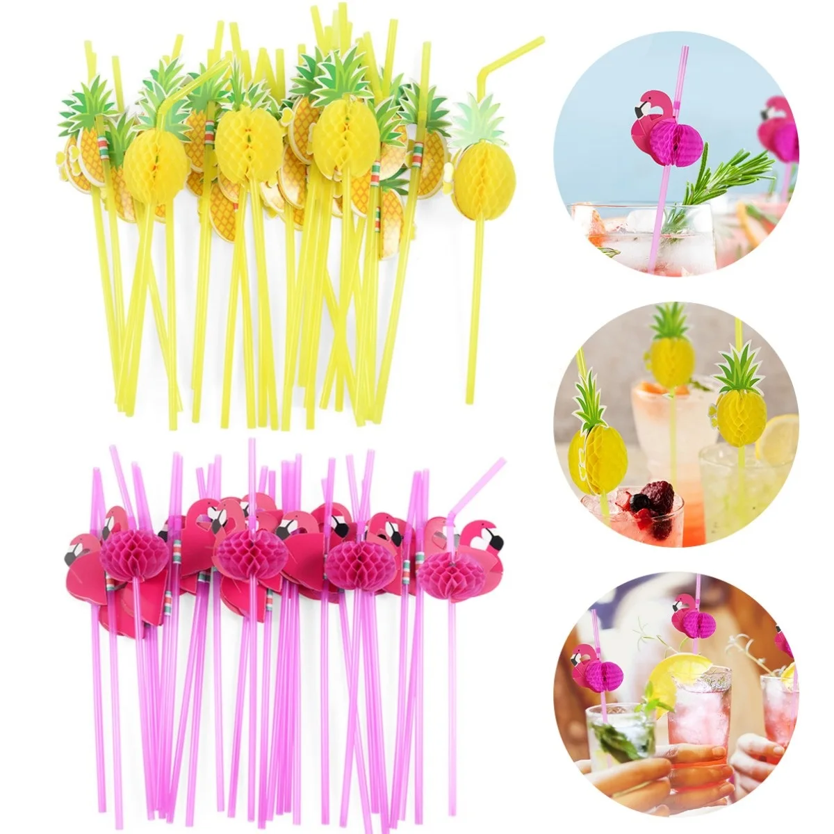 50Pcs Paper Drinking Straw 3D Fruit Paper Straws Pineapple Flamingo Design Recyclable Paper Drinking Straw for Party Bars Decors