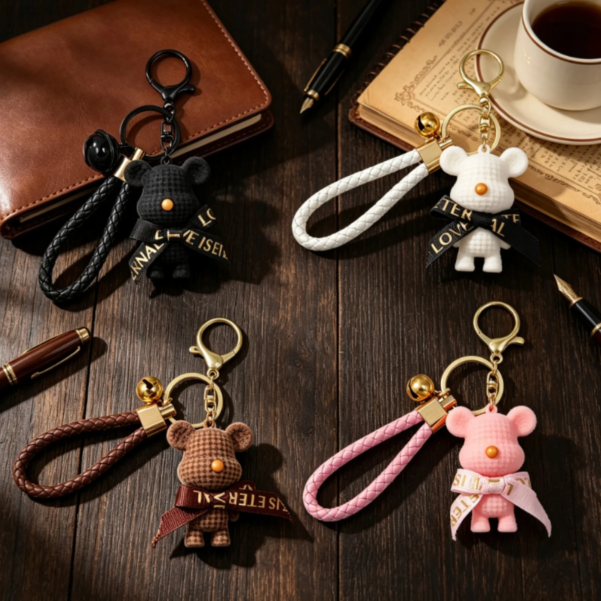 Sweet Bear Bag Key Clip Resin Bear Pendant Letter Bow Braided Hand Strap Bell Lobster Hook Girly Car Key Decor Tiny Gift