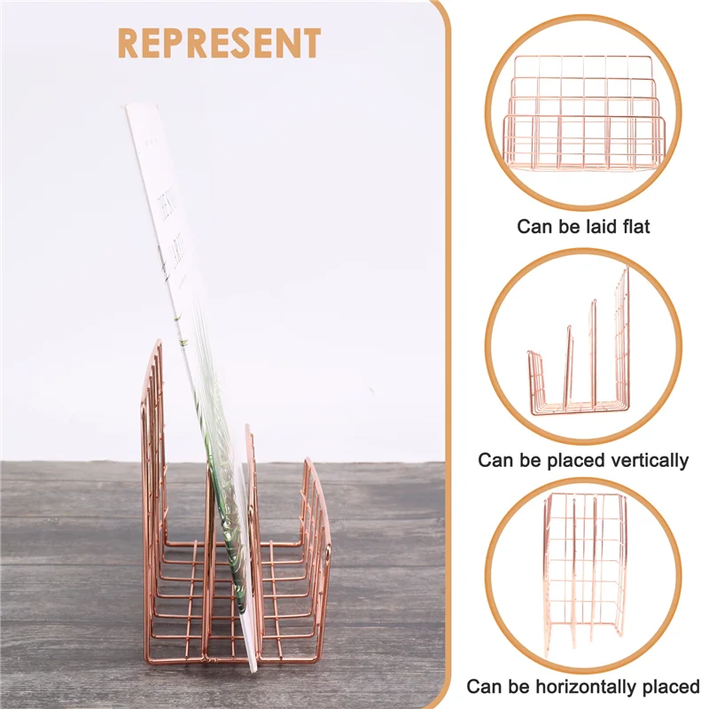 

A41T Bookshelf Office Desktop Rose Gold Metal Book Block Three Layer Desktop Magazine Shelf Book Holder