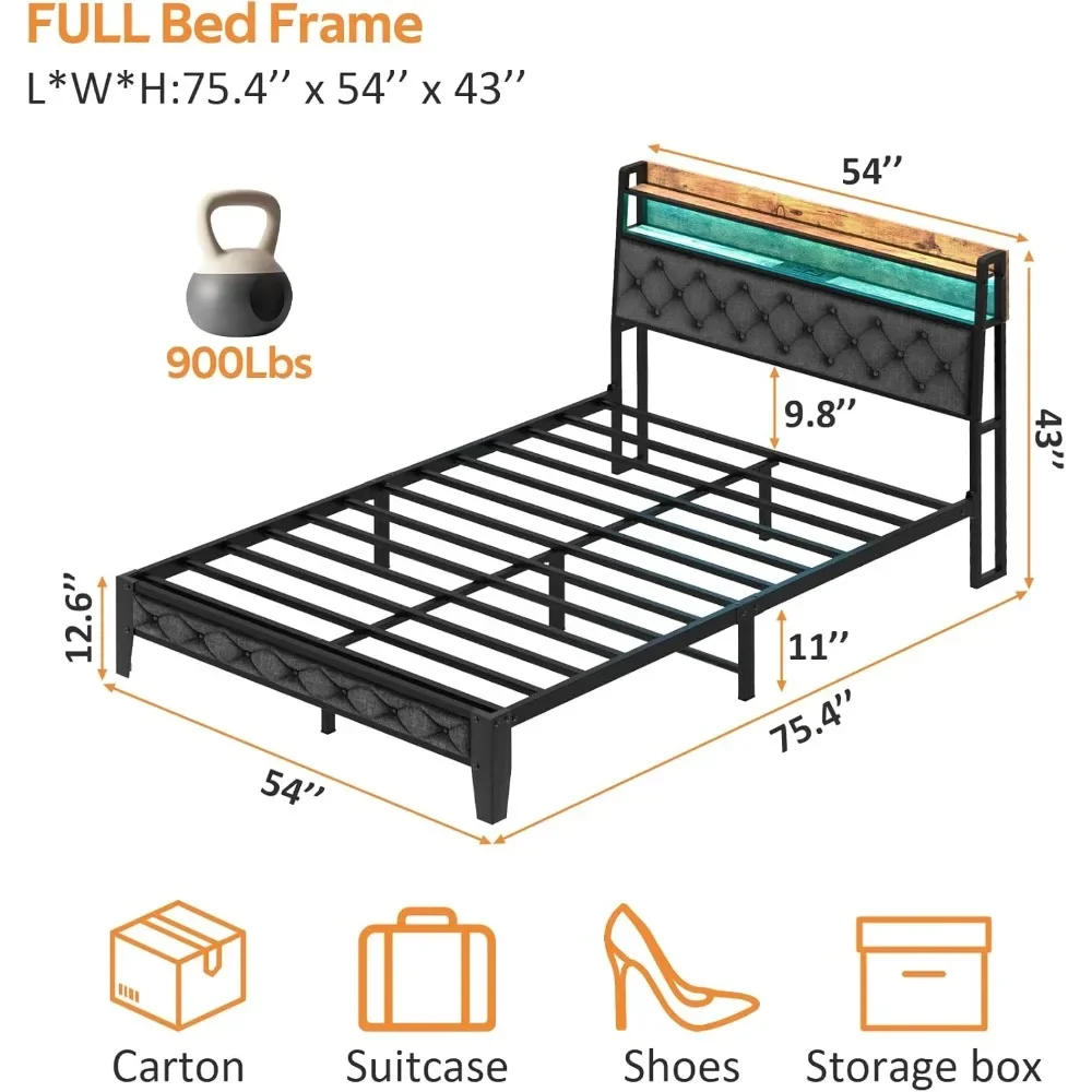 King Bed Frame, Platform Bed Frame with RGB Lights, with Ergonomic Headboard, Sockets and Chargers, Quick Assembly Beds Frames