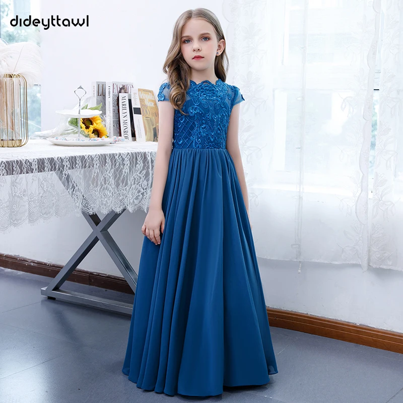 Dideyttawl personalizado azul real gasa encaje flor niñas vestido mangas casquillo A-Line vestido de dama de honor Junior fiesta de cumpleaños