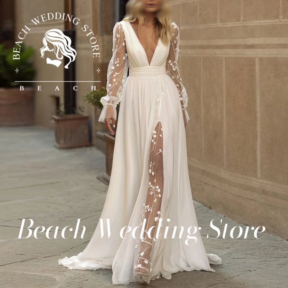 

Beach A line Customized Wedding Dress Deep V neck Backless Vintage Lace Women Bride Dresses Vestido De Novia Tulle Wedding Gown