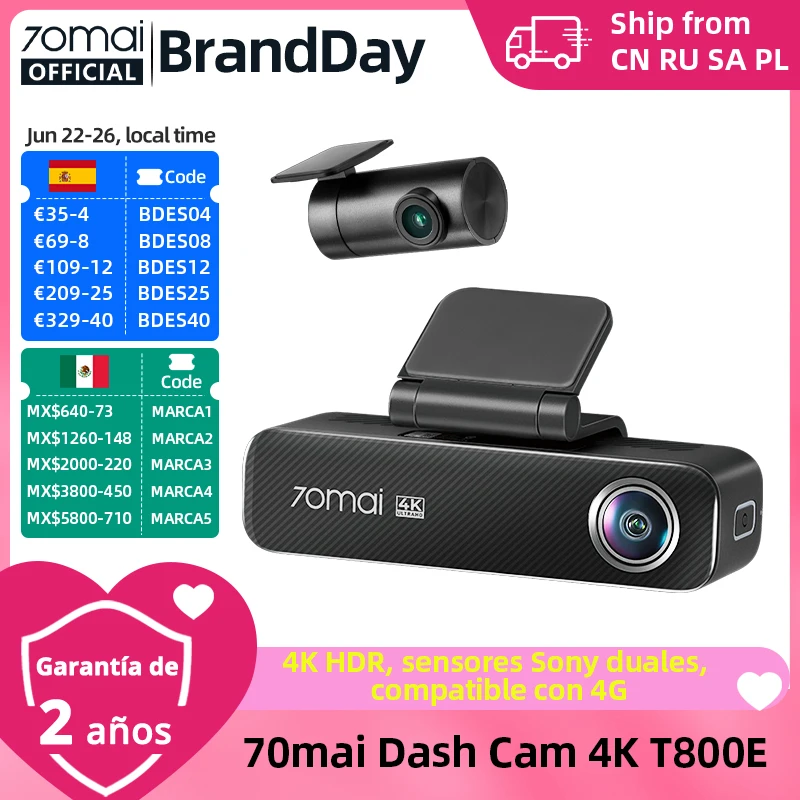 70mai Dash Cam 4K M800 2160P eMMC incorporado 128GB GPS ADAS soporte 24H protector de estacionamiento 4G Compatible versión mejorada. de 70mai M500