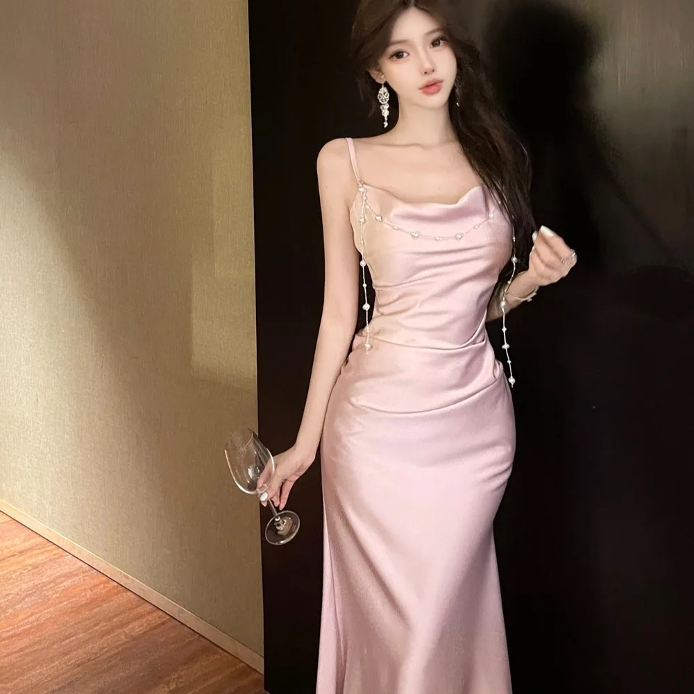 Ele Satin robe sans bretelles femme Faion minceur longue Dr automne hiver Ele dame Sle taille moyenne h-ape Dr