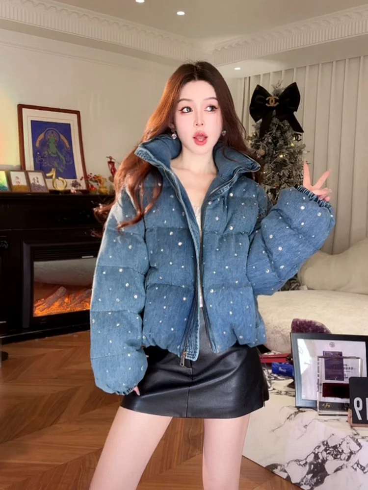 

Женская модная зимняя куртка XiaoXiao Yu Mi Wanderings: ретро-стиль, теплая, с отстегивающимся капюшоном, джинсовая, с наполнителем из пуха