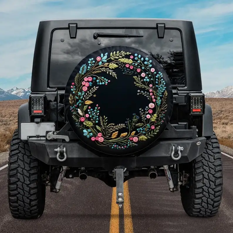 Faux Embroidery Wreath Spare Tire Cover, Botanical Tire Cover, Unique Spare Tire Covers Backup Camera Hole, Floral Car accessori