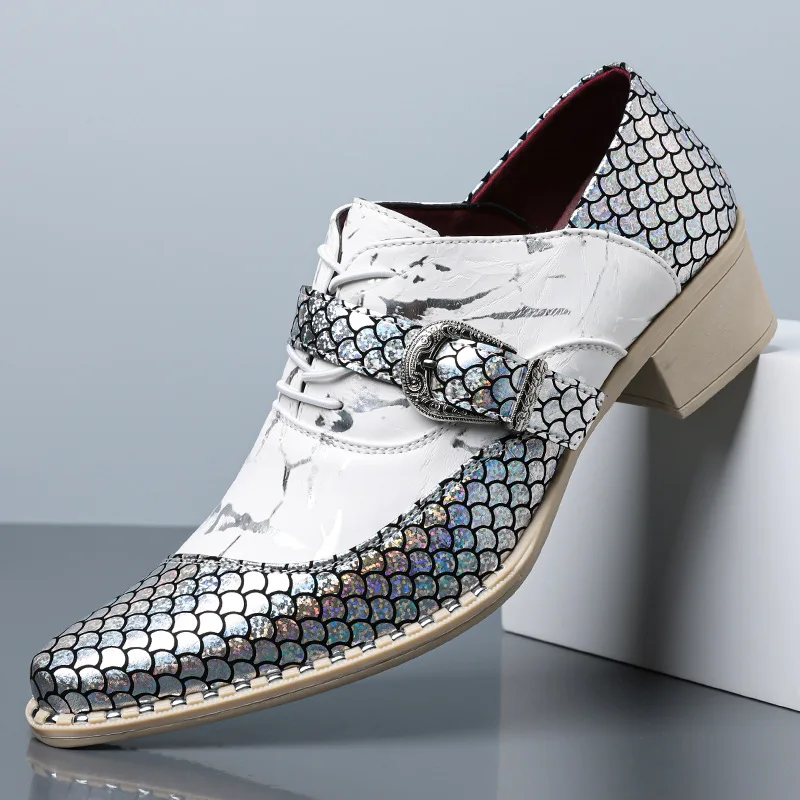Men‘s Pointed Toe Snake Print Patchwork Leather Lace-Up Dress Shoes Low Heel Breathable Comfortable Block Heel Formal Oxfords
