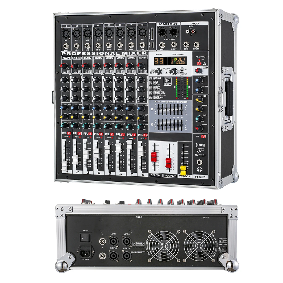 

Профессиональный микшерный пульт FSWIRI с усилителем 2 * 400 Вт для домашнего караоке, тихих баров и конференций, подходит для 12-дюймовых колонок.