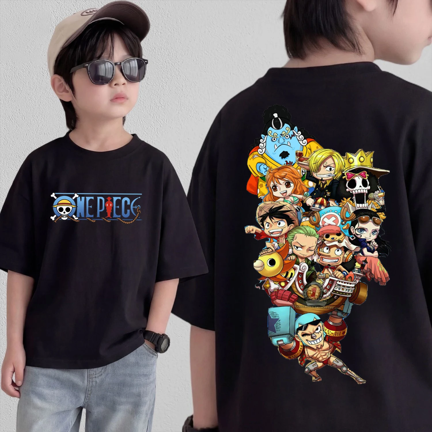 Anime One Piece Cosplay T-Shirt Cotton Short Sleeve Tops Casual Loose Retro T-Shirt Men Women Kids Family Matching Outfits