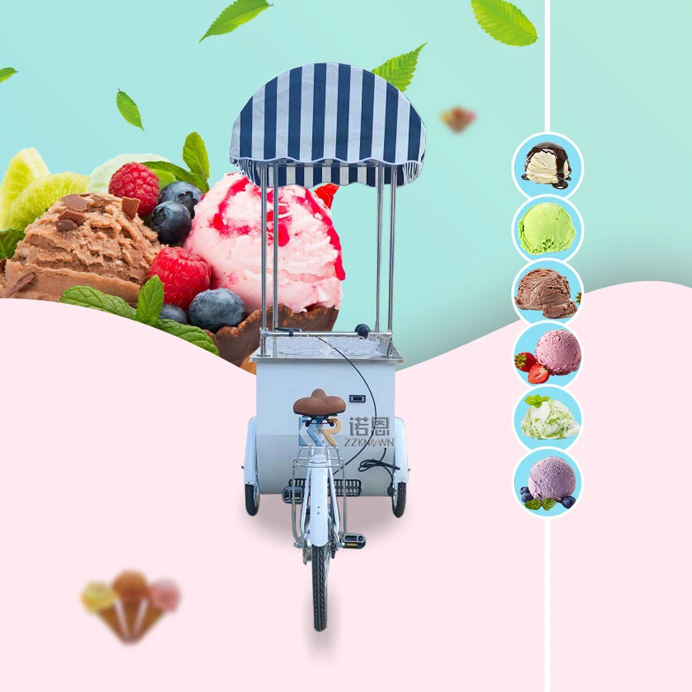 Hot Selling Tricycle Ice Cream Cart Mobile Popsicle Carts Tricycle Gelato Bike Cart Color Refrigerator Cart Trike Food Cart