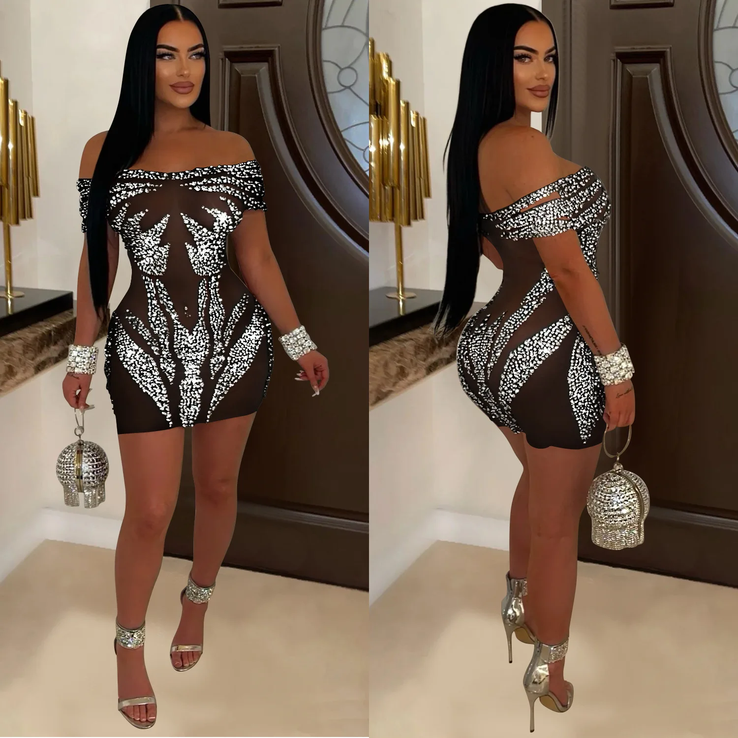 C6926 Modny damski seksowny kombinezon z krótką spódniczką z diamentami i gorącym tłoczonym wzorem