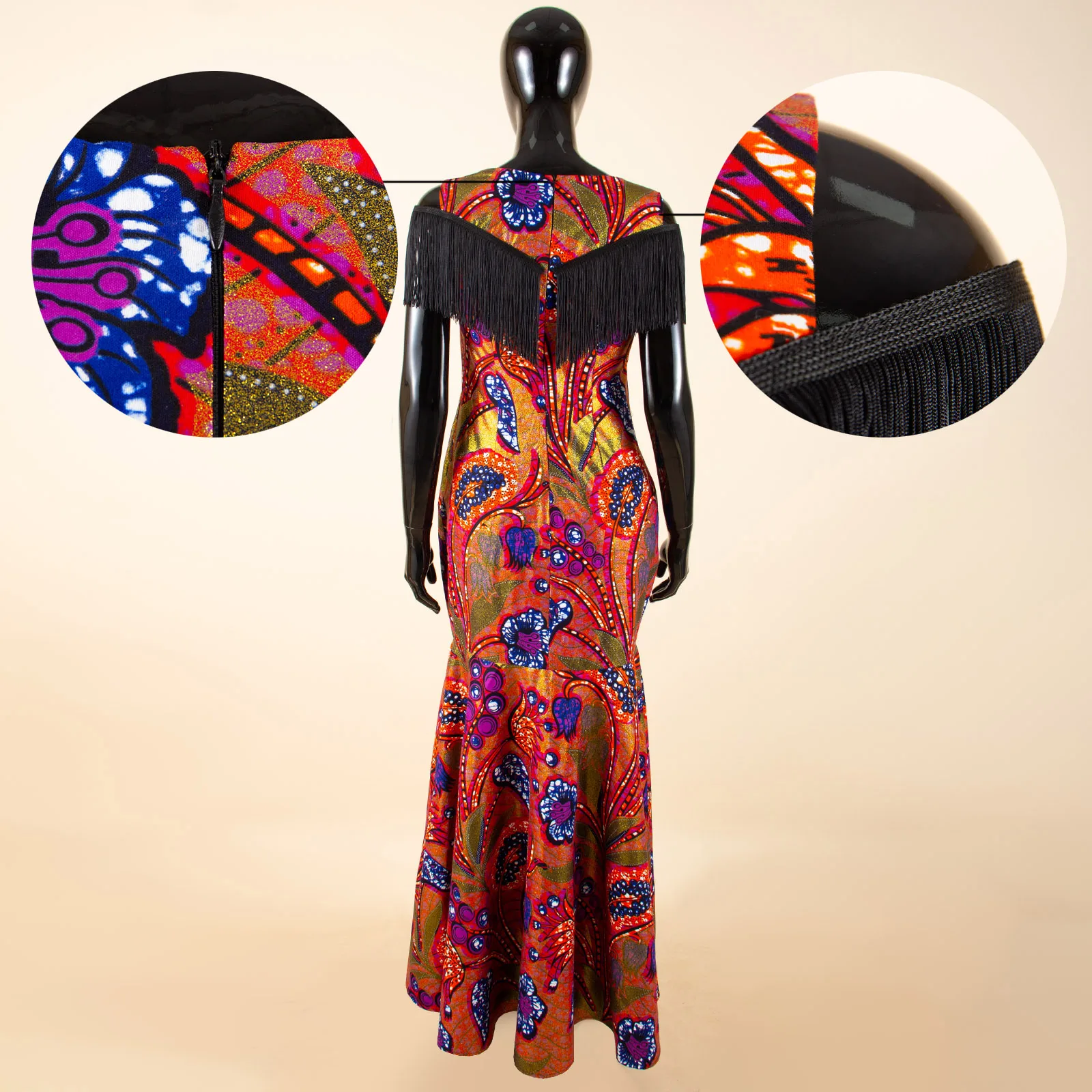 African Dresses for Women Tassel Short Sleeve Off Shoulder High Waist Ankara Print Attire Party Elegant Maxi Dress A2225038