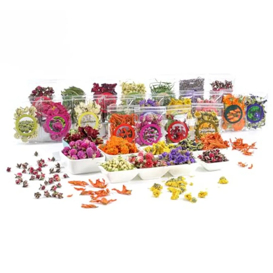 Natural Dried Fruit and Flower Kit for DIY Crafts - 25 Bags, Ideal for Soap Making, Candle Making, Resin Jewelry, Bath Bombs, a