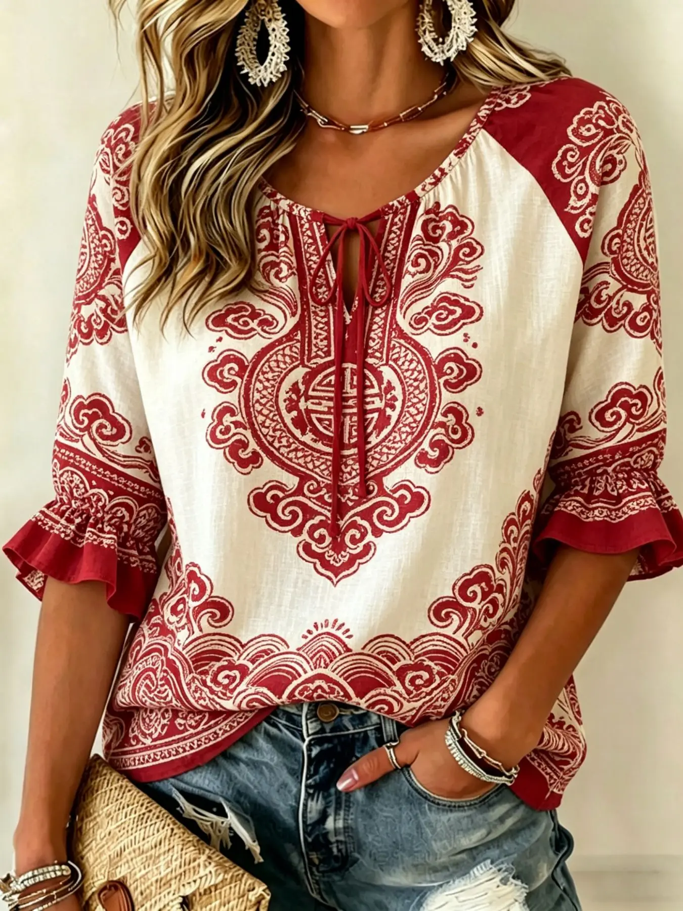 

Women's Black Purple Floral Print Tie Neck Blouse, Casual Loose Tops for Spring Summer Daily Wear & Vacation Occasions