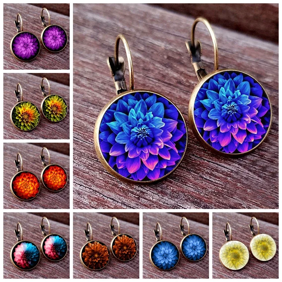 Purple and Blue Flower Women\'s Earrings Colorful French Glass Cabochon Earhooks Fashionable Girl Earrings New Year Gift for Girl