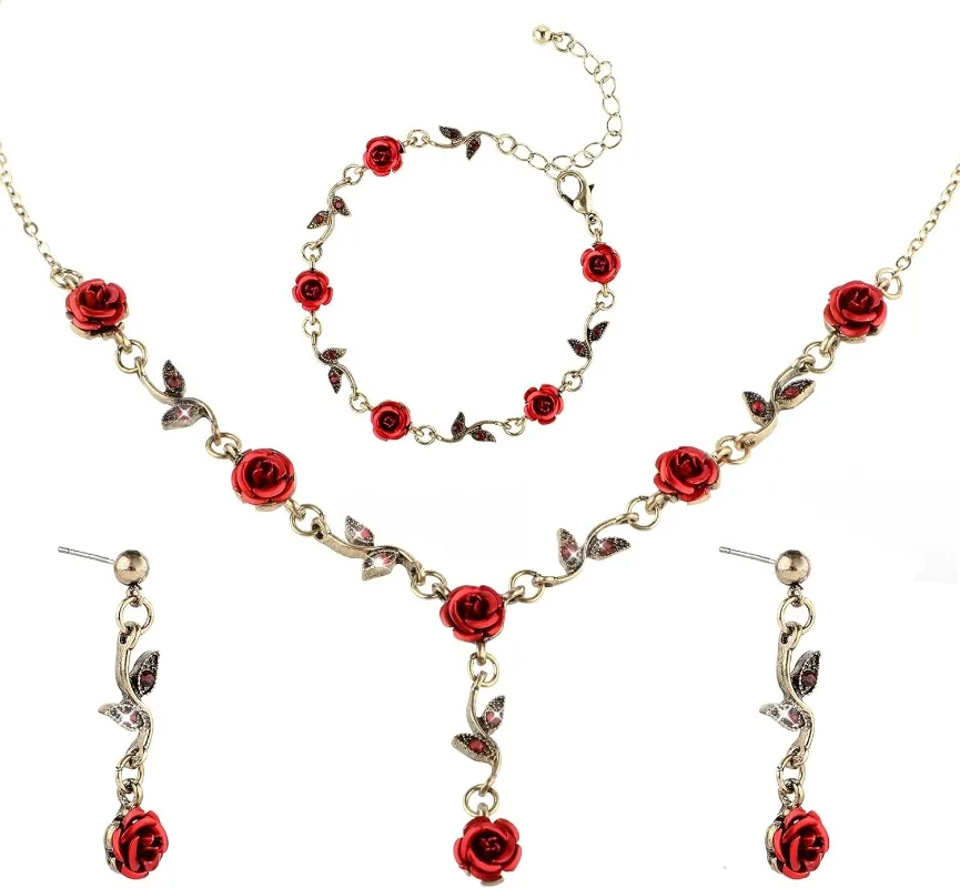 3-teiliges rotes Rosen-Schmuckset – Blumen-Anhänger, Halskette, Armband, baumelnde Ohrringe für Damen, Hochzeit, Valentinstag, Geburtstagsfeier