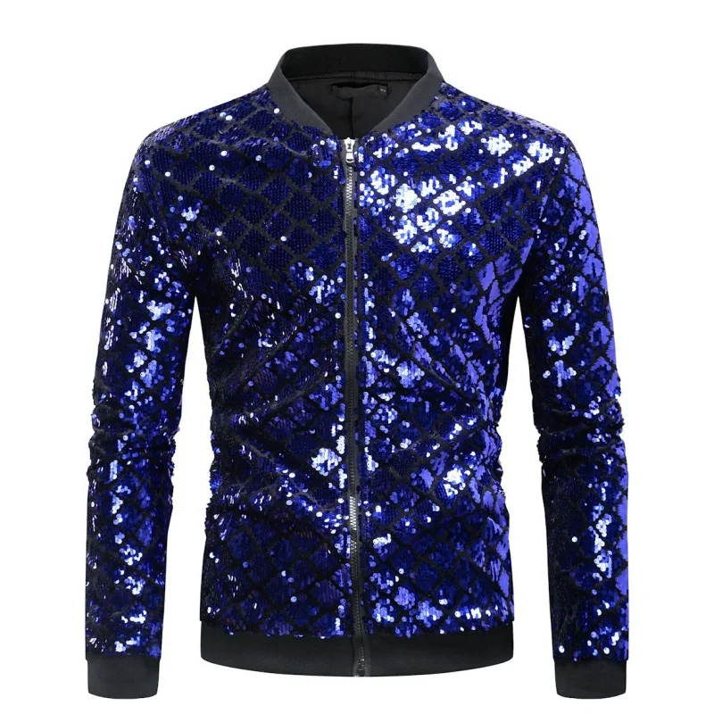 Men Shiny Sequins Zipper Jacket Stand Collar Slim Plaid Coat Male Blazer Stage Wear Club Party Performance Modern Dance Costume