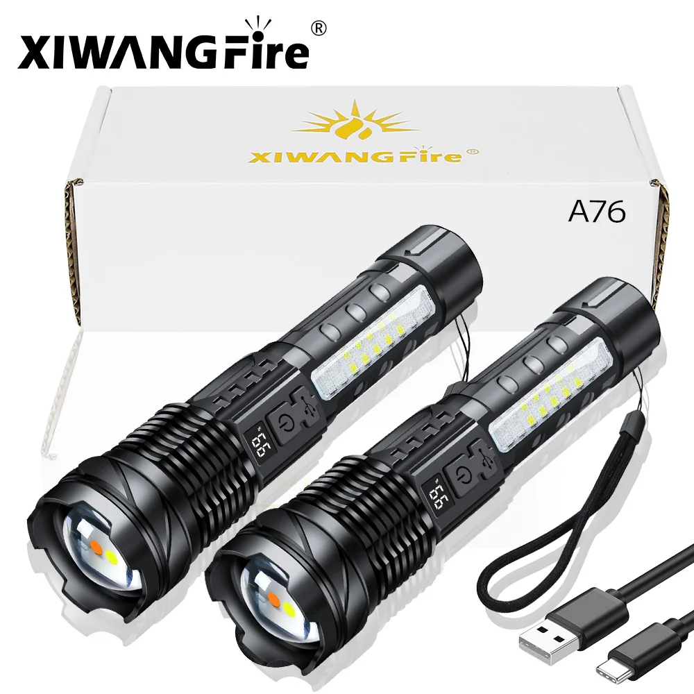 XIWANGFIRE A76 Super Bright Flashlight Zoom Torch Dual Light Sources 10 Modes Built-in1200MaH Battery Camping Emergency Working