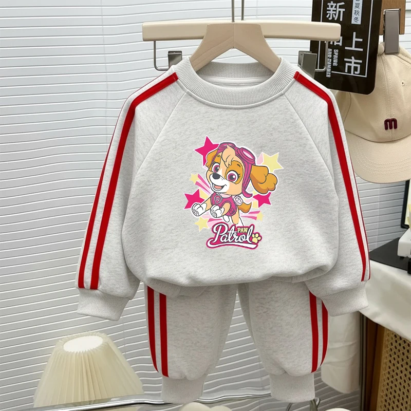 2026 Spring Paw Patrol Printed Girls Casual Tracksuit Kids O Neck Hoodies and Long Pant Two Piece Child Side Stripe Trousers Set