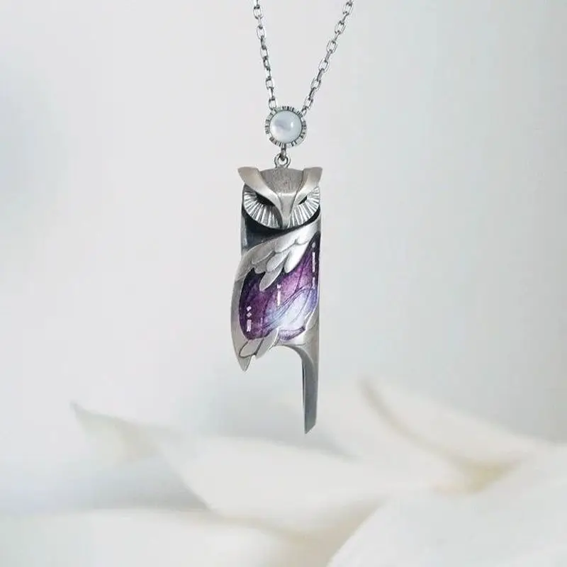 Unique Chinese Style Lucky Glow In Dark Enamel Owl Pendant Vintage Silver Tone Necklace Good Fortune Wisdom Protection Jewelry